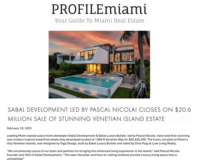 Sabal Development led by Pascal Nicolai Closes on $20.6 Million Sale of Stunning Venetian Island Estate