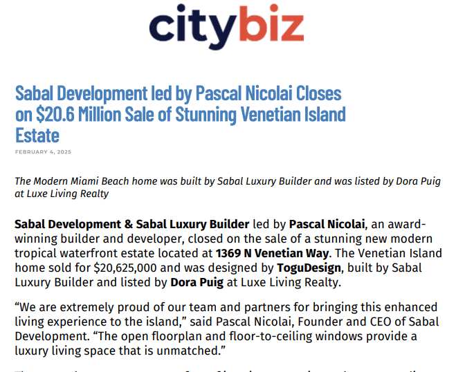 Sabal Development led by Pascal Nicolai Closes on $20.6 Million Sale of Stunning Venetian Island Estate