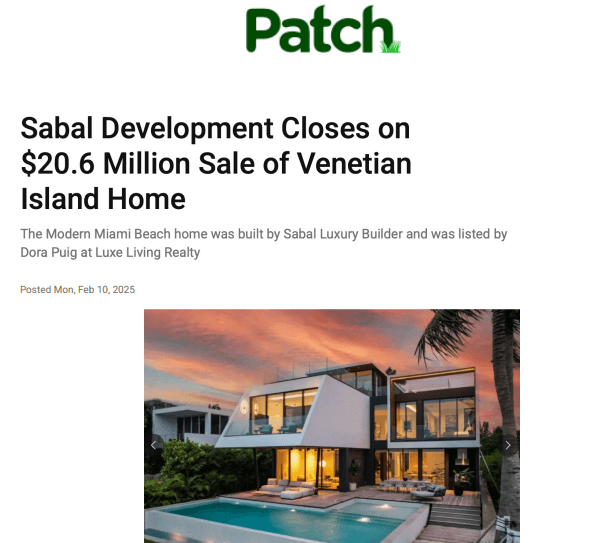 Sabal Development Closes on $20.6 Million Sale of Venetian Island Home
