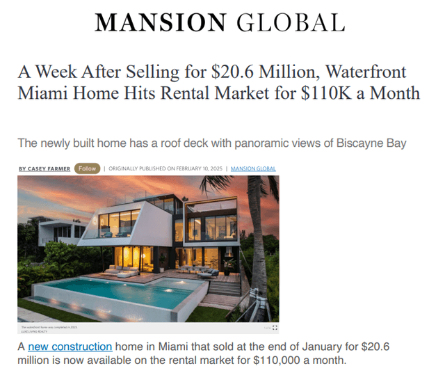 A Week After Selling for $20.6 Million, Waterfront Miami Home Hits Rental Market for $110K a Month