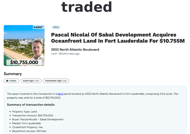 Pascal Nicolai Of Sabal Development Acquires Oceanfront Land In Fort Lauderdale For $10.755M